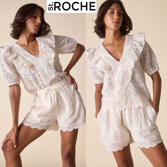 St. Roche Harper Shorts White Eyelet Embroidered Organic Cotton Artisan Boho S - Picture 1 of 11